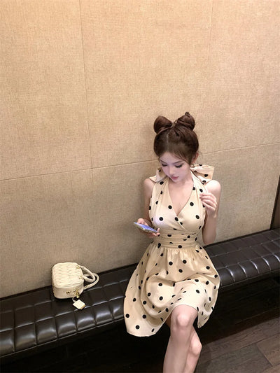 2025 New Woman Dress Vintage Elegant Sweet Bowknot Polka Dot Sleeveless V Neck Halter Summer Sexy Mini Dresses Party Stylish