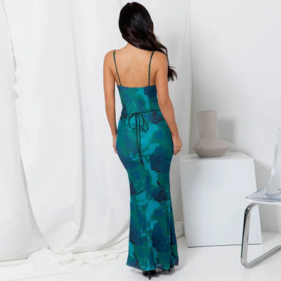 Spring Summer New Sexy Halter Backless Women's Print Dresses Fashion Lace Up Slim-fit Wrap Hip Elegant Female Dinner Party Dress