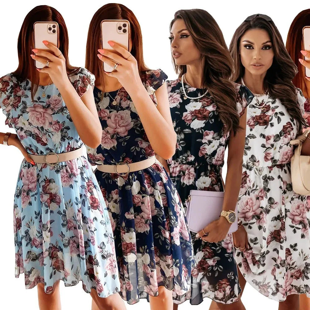 Summer Fashion Floral Printed Long Dress Ladies Sleeveless Elastic Waist Beach Dress 2025 Women V-Neck Pleated Chiffon Cover-Ups