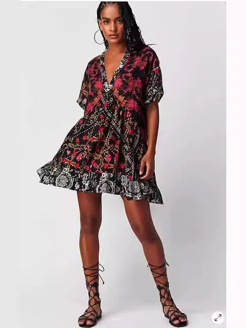 2025 Summer New Fashion Boho Women's Dress Retro Color Print V Neck Short Sleeve Pleated Floating Hem Loose Dress Beach Party