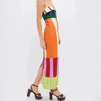 Sexy High Waist 2025 Party Long Dress Women Fashion Elegant Casual New Striped Colorful Spaghetti Strap Bohemian Mixi Dresses