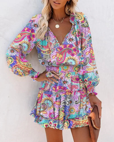 Fashion Colorful Floral Printed Party Dress 2023 Women Spring Summer Elegant V-Neck Drawstring Ruffle Miniskirt Casual Robe