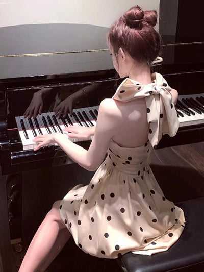 2025 New Woman Dress Vintage Elegant Sweet Bowknot Polka Dot Sleeveless V Neck Halter Summer Sexy Mini Dresses Party Stylish