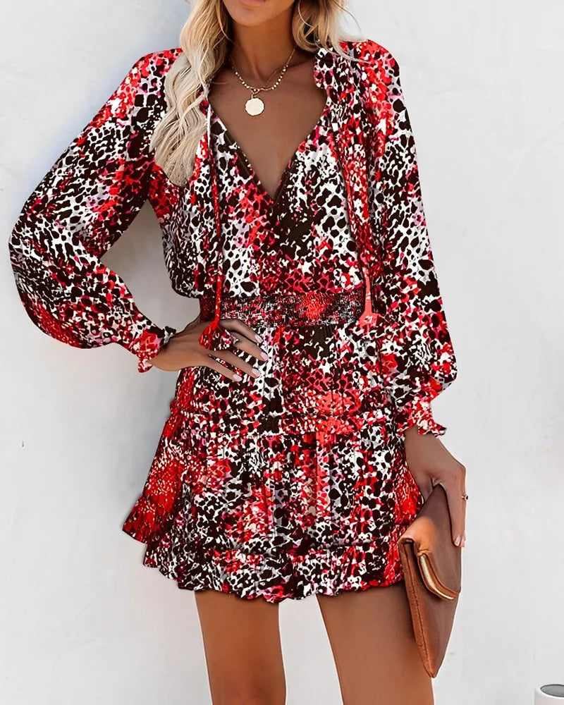 Fashion Colorful Floral Printed Party Dress 2023 Women Spring Summer Elegant V-Neck Drawstring Ruffle Miniskirt Casual Robe