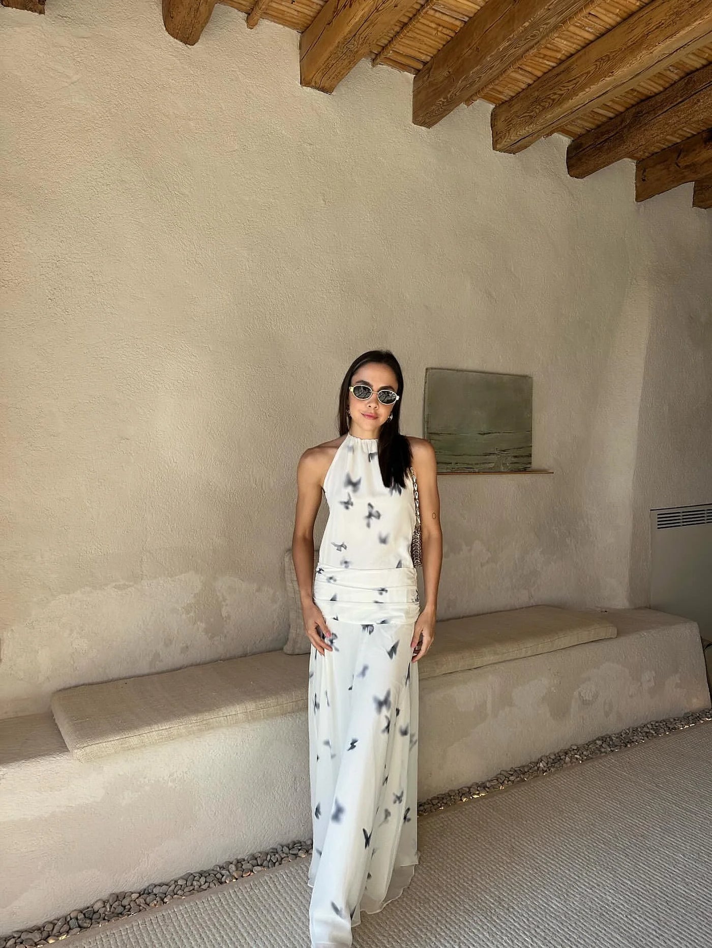 Elegant Halter Printed Long Dress Women Lace Up Sleeveless Backless Pleated Dresses 2025 Summer Lady Chic Party Vacation Robes