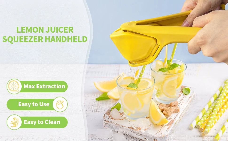 Max Juice Extraction Lemon Lime Squeezer EasytoUse Flat Lemon Squeezer with Leverage Squeezer with Built in Strainer Yellow