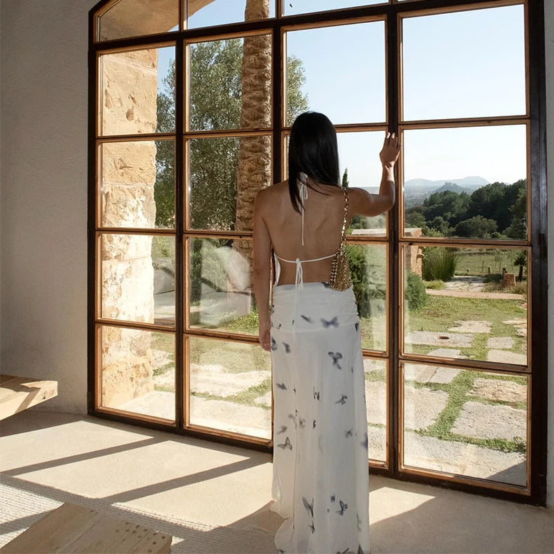 Elegant Halter Printed Long Dress Women Lace Up Sleeveless Backless Pleated Dresses 2025 Summer Lady Chic Party Vacation Robes