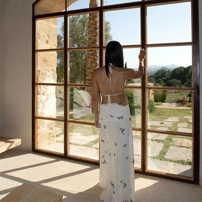 Elegant Halter Printed Long Dress Women Lace Up Sleeveless Backless Pleated Dresses 2025 Summer Lady Chic Party Vacation Robes