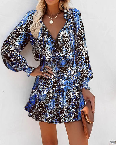 Fashion Colorful Floral Printed Party Dress 2023 Women Spring Summer Elegant V-Neck Drawstring Ruffle Miniskirt Casual Robe