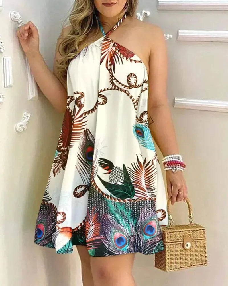 Dresses For Woman 2025 Sexy Sleeveless Backless Short Mini Dress Loose Halter Neck Print Beach Sundress Floral Vestidos S-3XL