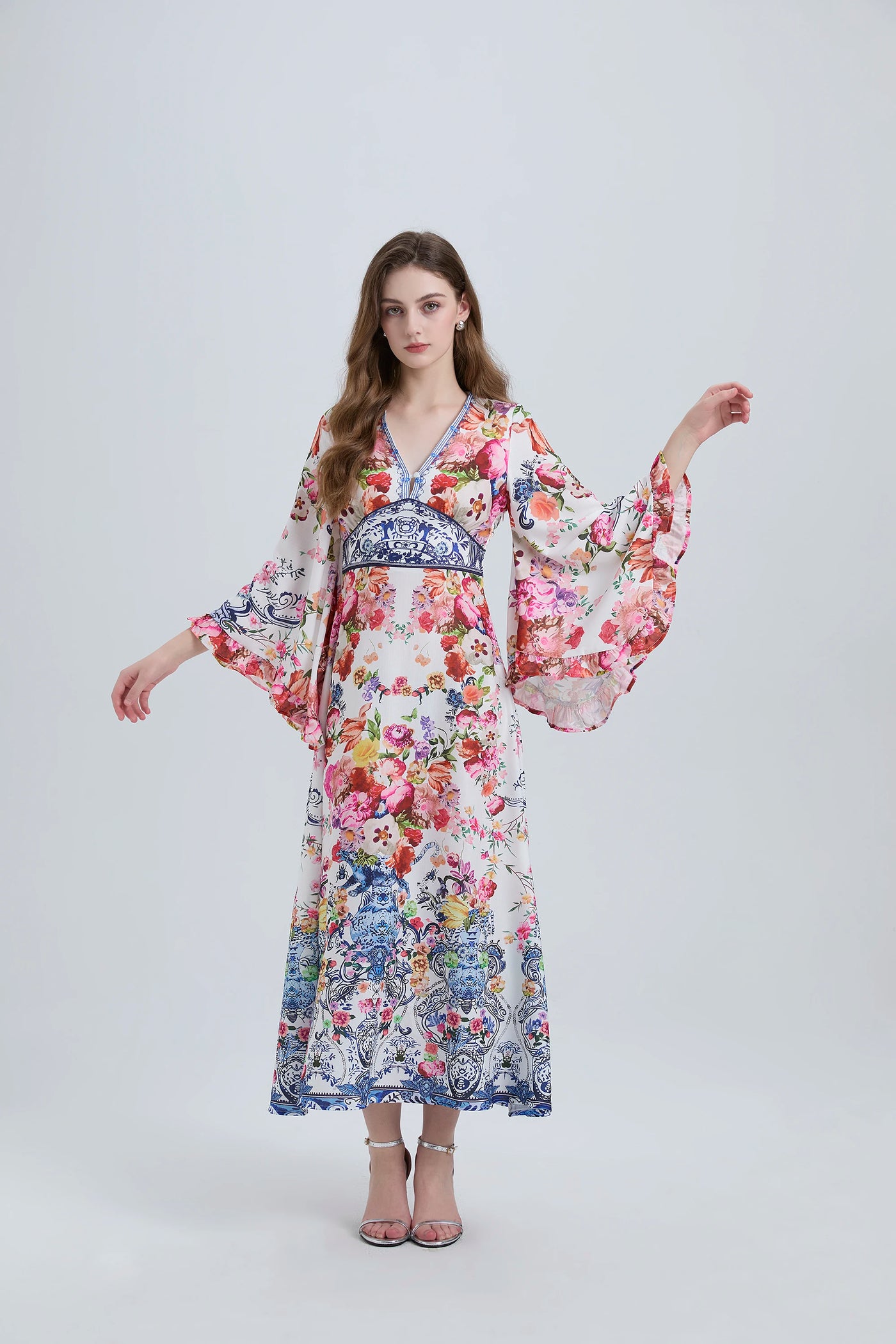 Spring Summer Fashion Luxury Print Bohemian Maxi Dress Women's Sexy V Neck Long Flare Sleeve High Waist A Line Robe Vestidos