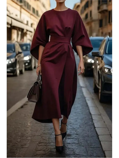 Spring Fashion Solid Color Long Dresses 2025 Woman Sexy Round Neck Bat Sleeve High Waist Dress Elegant Commuting Lady Dress