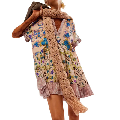 2025 Summer New Fashion Boho Women's Dress Retro Color Print V Neck Short Sleeve Pleated Floating Hem Loose Dress Beach Party