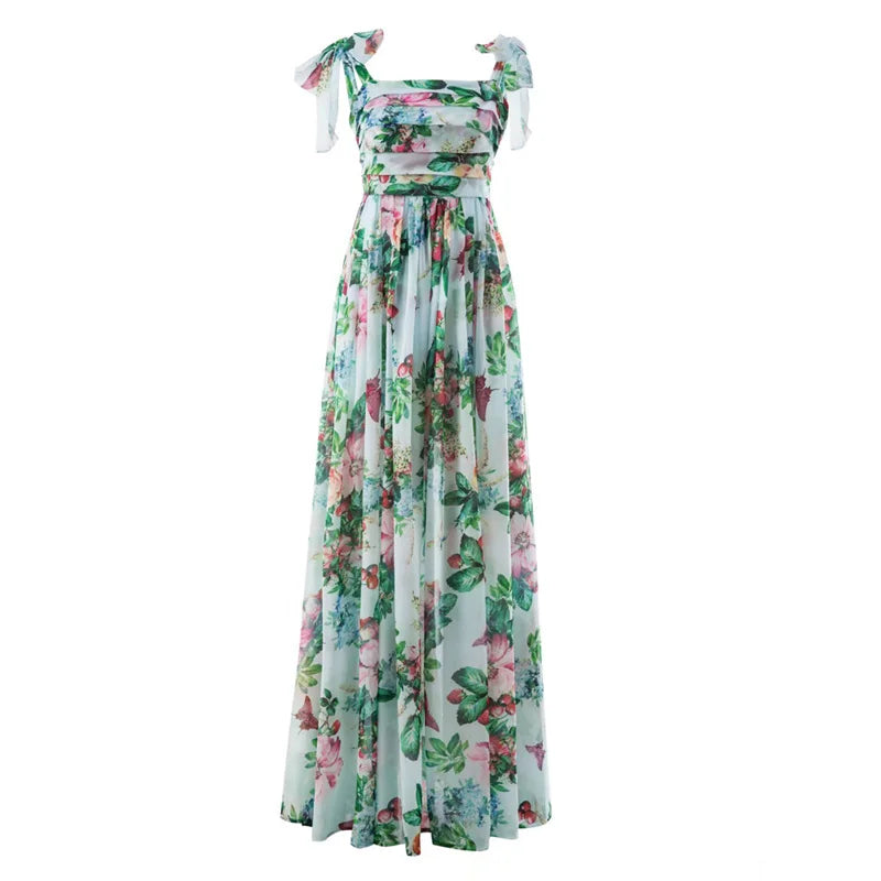 Sexy Summer Party Dress Women Fashion Bow Straps High Waist Pleated Beach Dress Chiffon Casual Floral Print Bohemian Long Dress