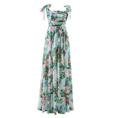 Sexy Summer Party Dress Women Fashion Bow Straps High Waist Pleated Beach Dress Chiffon Casual Floral Print Bohemian Long Dress