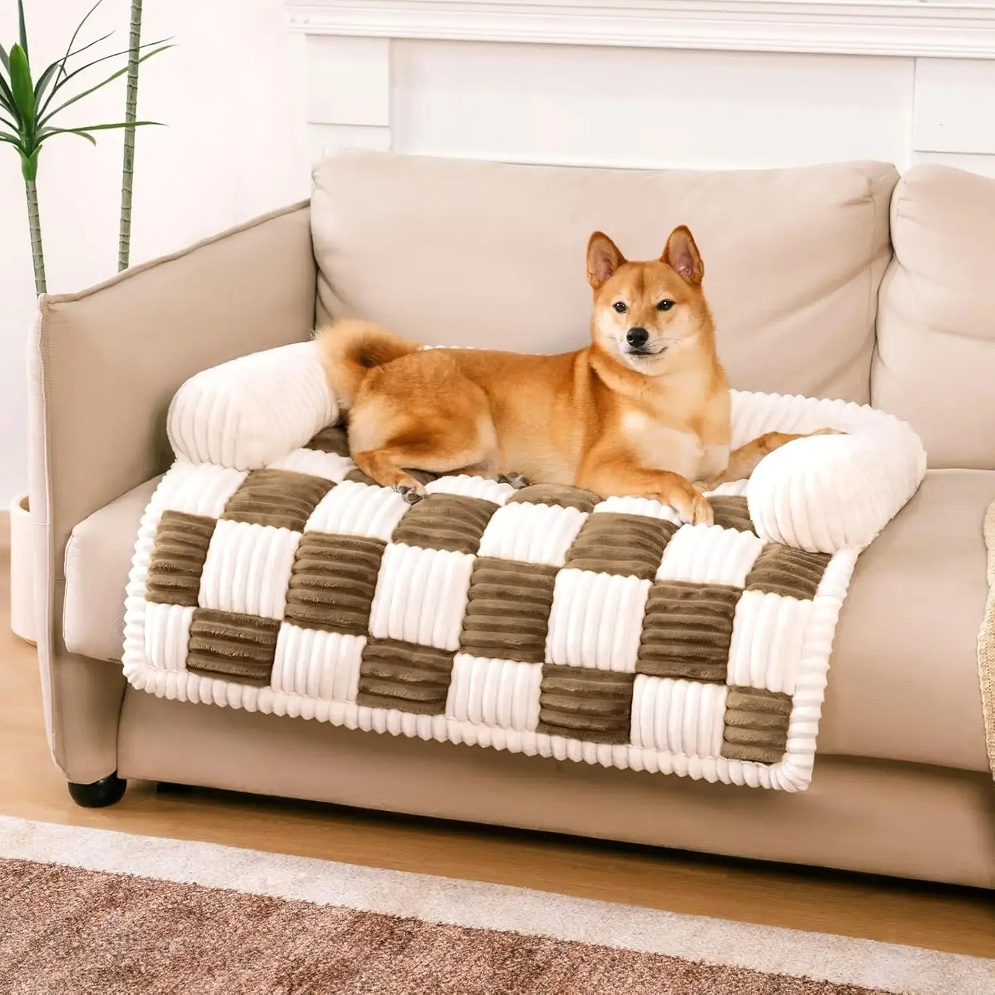 Plush Dog Couch Cover – Cream Square Plaid