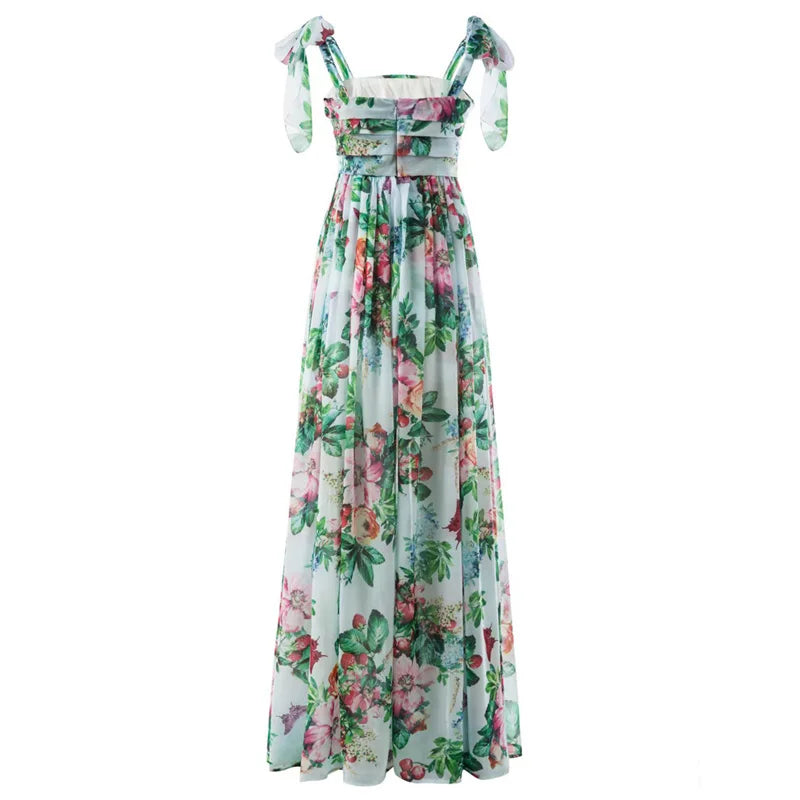 Sexy Summer Party Dress Women Fashion Bow Straps High Waist Pleated Beach Dress Chiffon Casual Floral Print Bohemian Long Dress