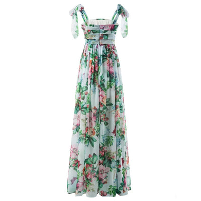 Sexy Summer Party Dress Women Fashion Bow Straps High Waist Pleated Beach Dress Chiffon Casual Floral Print Bohemian Long Dress