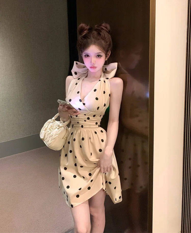 2025 New Woman Dress Vintage Elegant Sweet Bowknot Polka Dot Sleeveless V Neck Halter Summer Sexy Mini Dresses Party Stylish