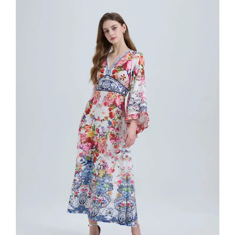Spring Summer Fashion Luxury Print Bohemian Maxi Dress Women's Sexy V Neck Long Flare Sleeve High Waist A Line Robe Vestidos
