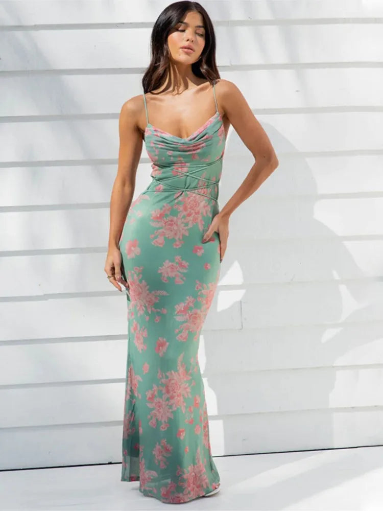 Spring Summer New Sexy Halter Backless Women's Print Dresses Fashion Lace Up Slim-fit Wrap Hip Elegant Female Dinner Party Dress