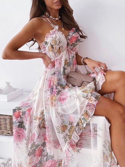 Women Bohemian Sexy Sweet Princess Dress Summer Deep V-Neck Sling Backless Ladies Party Dress Sleeveless Floral Printing Dress