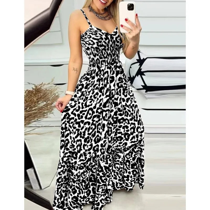 Women's Fashion Leopard Print Dresses Sexy Temperament Long Sling Dress Elegant 2025 Summer Sexy Female New Vestidos Party Cloth
