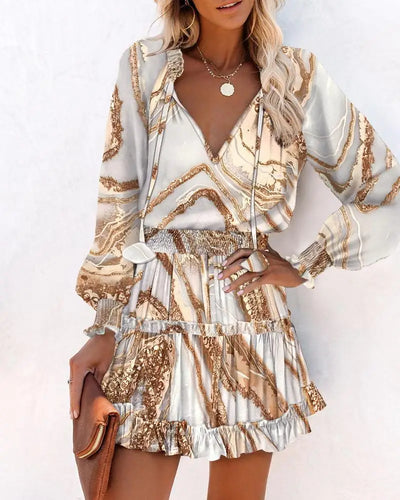 Fashion Colorful Floral Printed Party Dress 2023 Women Spring Summer Elegant V-Neck Drawstring Ruffle Miniskirt Casual Robe