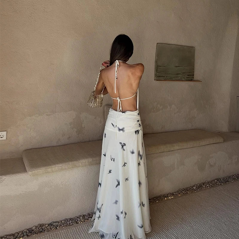 Elegant Halter Printed Long Dress Women Lace Up Sleeveless Backless Pleated Dresses 2025 Summer Lady Chic Party Vacation Robes