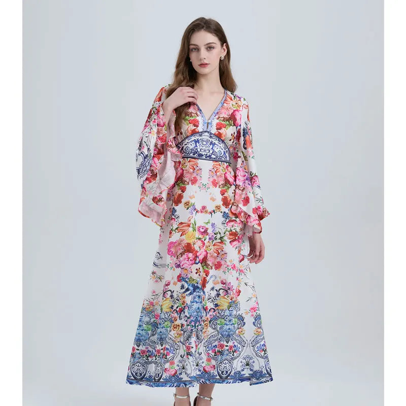 Spring Summer Fashion Luxury Print Bohemian Maxi Dress Women's Sexy V Neck Long Flare Sleeve High Waist A Line Robe Vestidos
