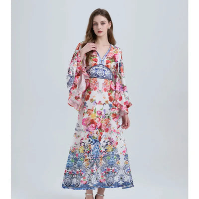 Spring Summer Fashion Luxury Print Bohemian Maxi Dress Women's Sexy V Neck Long Flare Sleeve High Waist A Line Robe Vestidos
