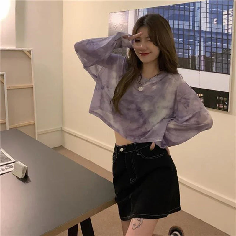 T-Shirts Women Tie Dye Casual Trendy Elegant Sun-proof Sexy Ladies Tees Teens Sheer Tops Summer Hot Selling Beach Simple Cozy