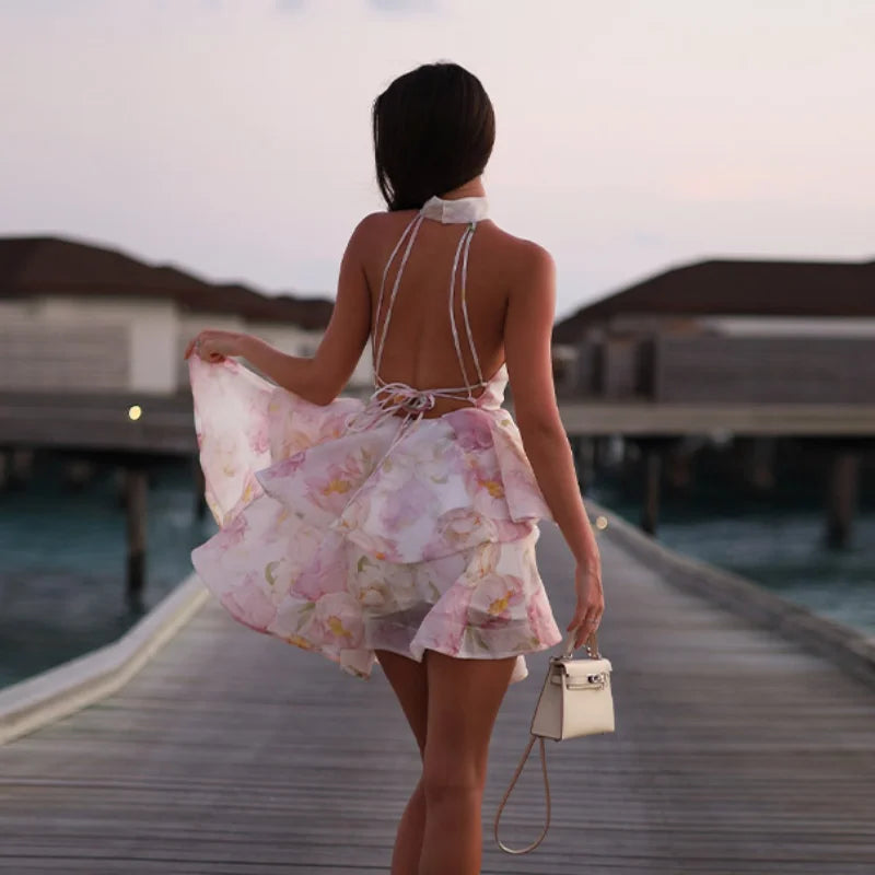 Printed Backless Halter Puffy Dress Women Sleeveless Backless High Waist Sexy Holiday Dresses 2025 Summer Party Gown Lady Robe