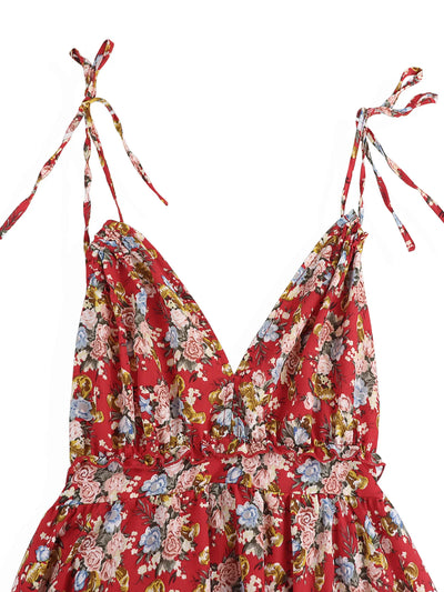 Summer Sexy Short Dress Women Casual Floral Print Backless Lace-up Beach Sundress Fashion V Neck Blue Ruffle A-line Dresses 2025