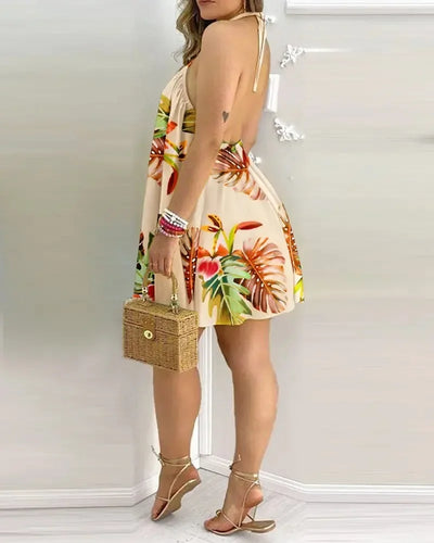 Dresses For Woman 2025 Sexy Sleeveless Backless Short Mini Dress Loose Halter Neck Print Beach Sundress Floral Vestidos S-3XL