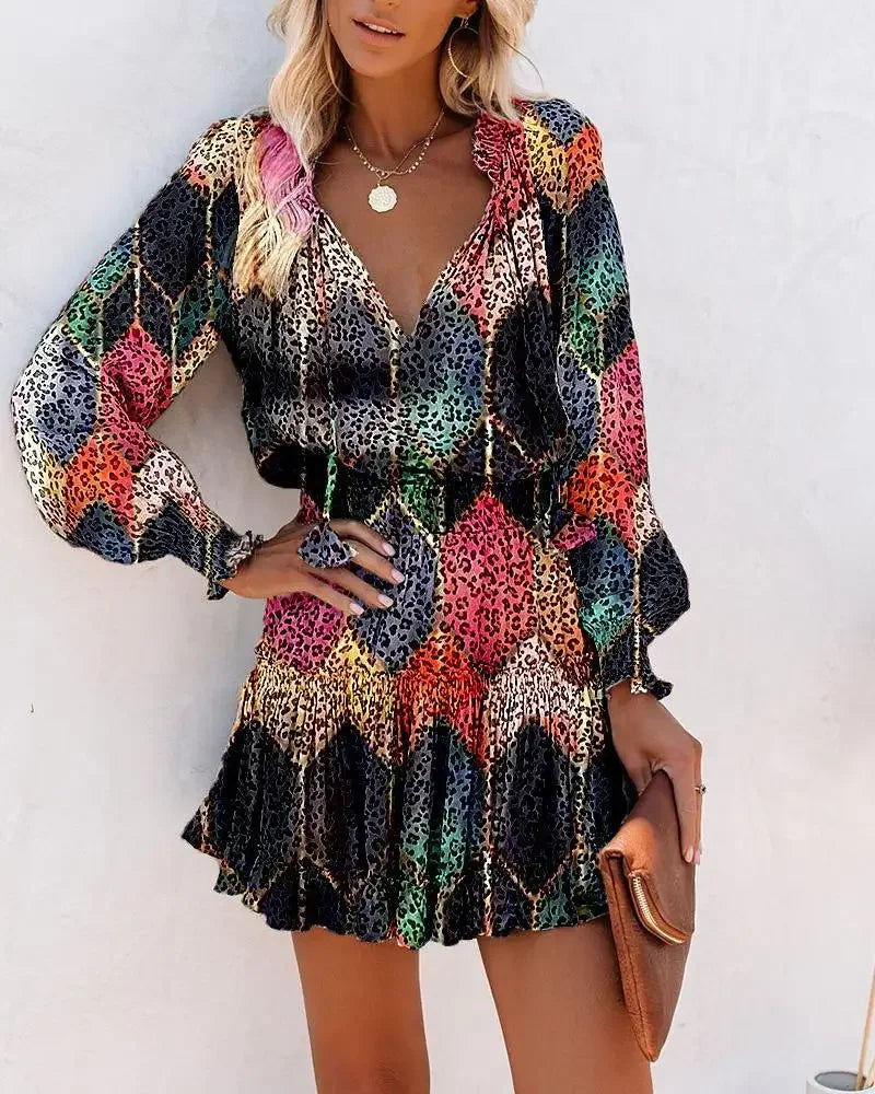 Fashion Colorful Floral Printed Party Dress 2023 Women Spring Summer Elegant V-Neck Drawstring Ruffle Miniskirt Casual Robe