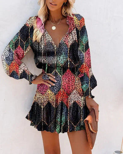 Fashion Colorful Floral Printed Party Dress 2023 Women Spring Summer Elegant V-Neck Drawstring Ruffle Miniskirt Casual Robe