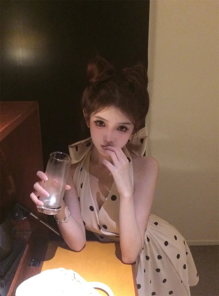 2025 New Woman Dress Vintage Elegant Sweet Bowknot Polka Dot Sleeveless V Neck Halter Summer Sexy Mini Dresses Party Stylish