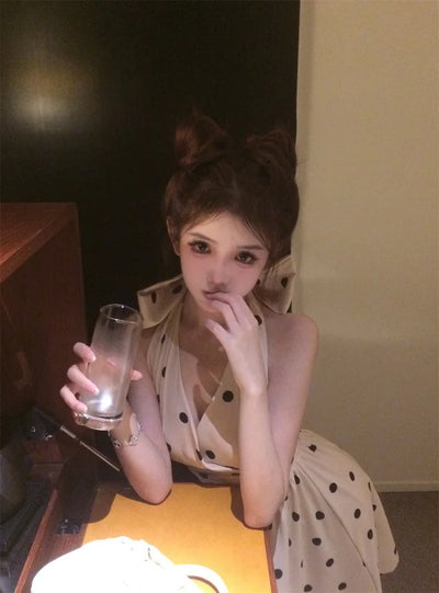 2025 New Woman Dress Vintage Elegant Sweet Bowknot Polka Dot Sleeveless V Neck Halter Summer Sexy Mini Dresses Party Stylish