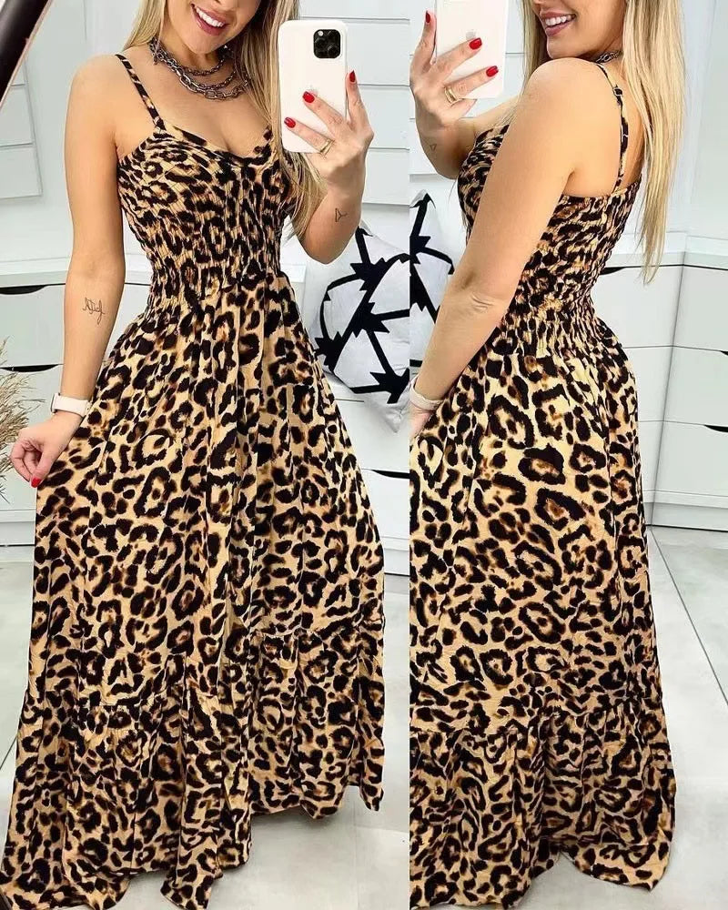 Women's Fashion Leopard Print Dresses Sexy Temperament Long Sling Dress Elegant 2025 Summer Sexy Female New Vestidos Party Cloth