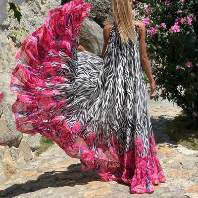 Sexy Summer Party Dress Women Fashion Bow Straps High Waist Pleated Beach Dress Chiffon Casual Floral Print Bohemian Long Dress