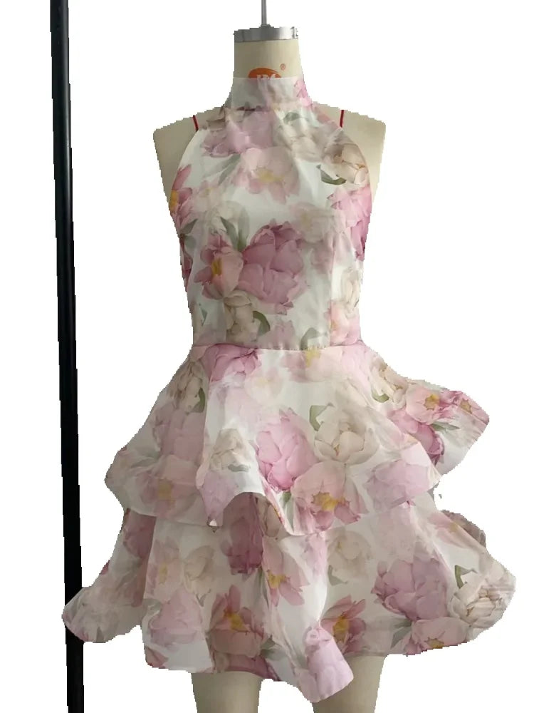 Printed Backless Halter Puffy Dress Women Sleeveless Backless High Waist Sexy Holiday Dresses 2025 Summer Party Gown Lady Robe