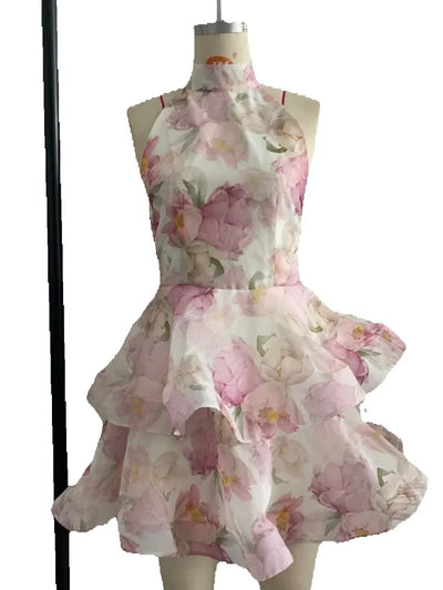 Printed Backless Halter Puffy Dress Women Sleeveless Backless High Waist Sexy Holiday Dresses 2025 Summer Party Gown Lady Robe