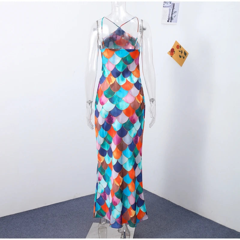 Halter Long Dress Women Retro Contrast Color Sleeveless Bodycon Printed Robe 2025 Elegant Spring Summer Lady Party Beach Dresses
