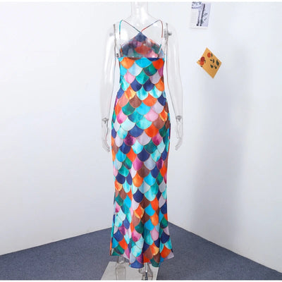 Halter Long Dress Women Retro Contrast Color Sleeveless Bodycon Printed Robe 2025 Elegant Spring Summer Lady Party Beach Dresses