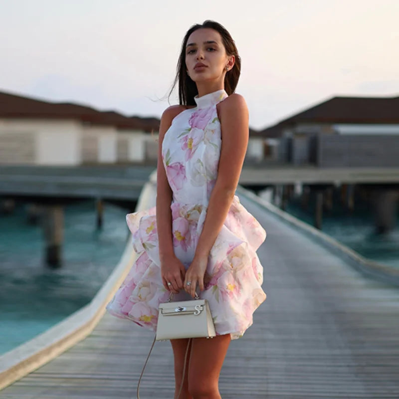 Printed Backless Halter Puffy Dress Women Sleeveless Backless High Waist Sexy Holiday Dresses 2025 Summer Party Gown Lady Robe