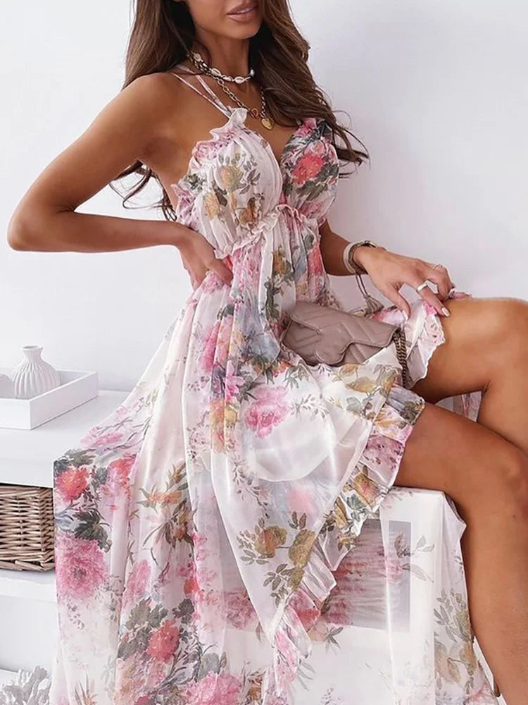 Women Bohemian Sexy Sweet Princess Dress Summer Deep V-Neck Sling Backless Ladies Party Dress Sleeveless Floral Printing Dress