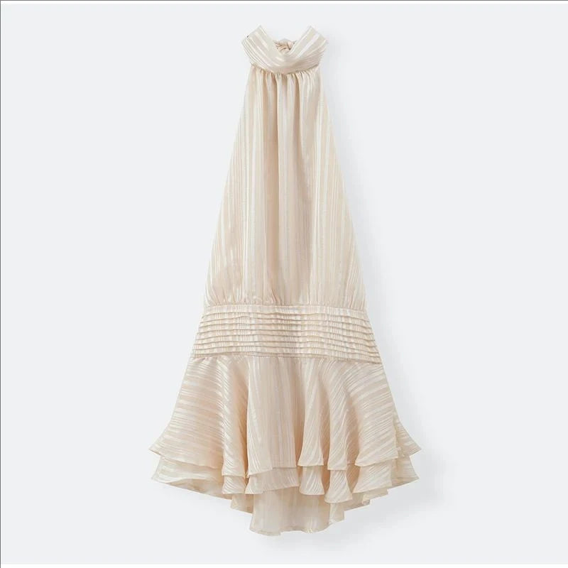 Halter Backless Chiffon Dress Woman's Sexy Lace Up Sleeveless Pleat Wrapped Waist Elegant Short Dresses 2025 Summer New Fashion