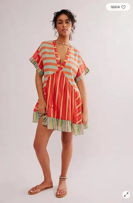 2025 Summer New Fashion Boho Women's Dress Retro Color Print V Neck Short Sleeve Pleated Floating Hem Loose Dress Beach Party
