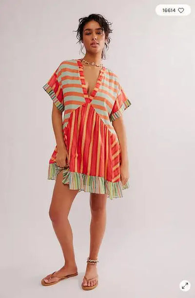 2025 Summer New Fashion Boho Women's Dress Retro Color Print V Neck Short Sleeve Pleated Floating Hem Loose Dress Beach Party